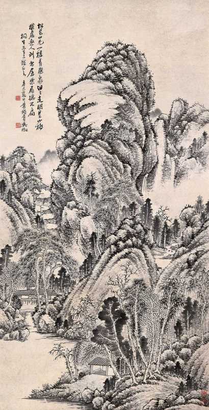 吴待秋 辛巳（1941年）作 树色山光 立轴